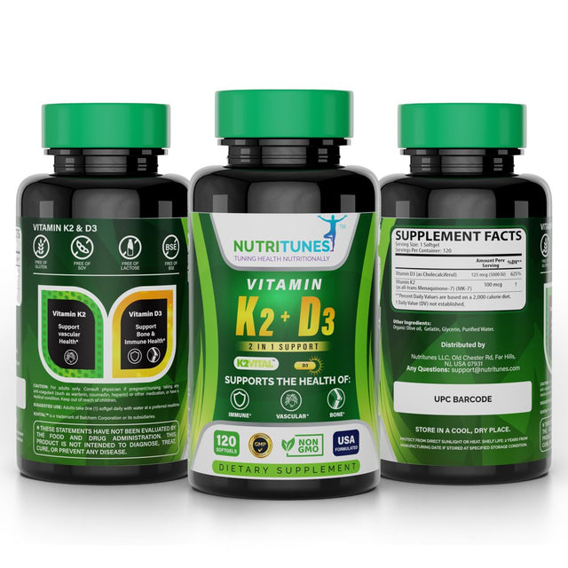 Nutritunes Vitamin K2 + D3 (120 Softgels) | 2 in 1 Formula Supports Cardiovascular, Immune, and Bone Health - Non-Gmo, Gmp-Certified, and Allergen Free