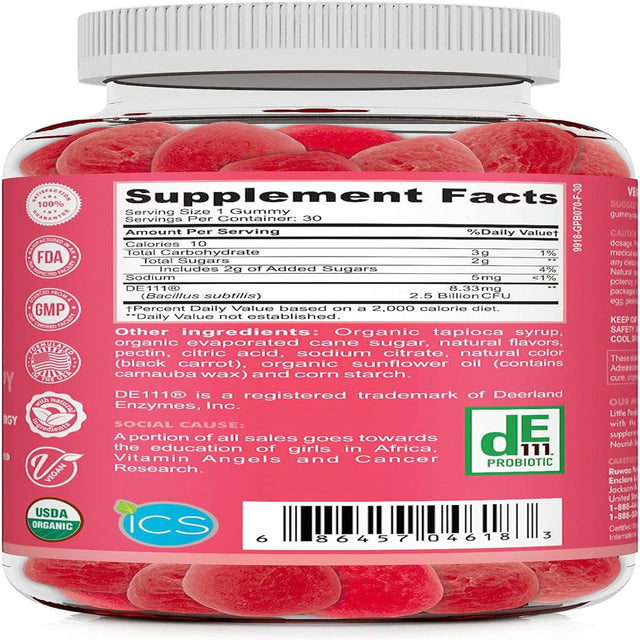 Kids Probiotic Gummies, Strawberry Flavor, Children'S Organic Probiotics, 2.5 Billion CFU, Digestive Health, Immune Support, Vegan, Gluten & Gelatin Free, 30 Gummies - Ruwaa Nutrition Yummy Gut Happy