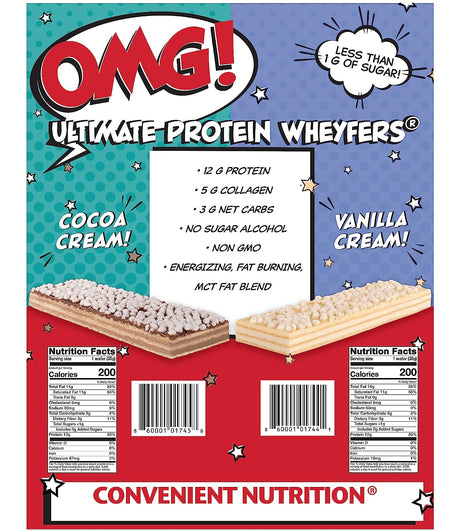 Convenient Nutrition OMG Ultimate Protein Wheyfer Snack Bars - Collagen Protein, Keto, Low Carb, Low Sugar, Keto Wheyfer - Vanilla Cream 10 Bars