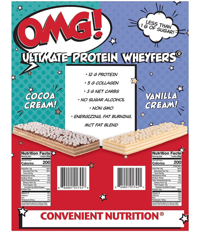 Convenient Nutrition OMG Ultimate Protein Wheyfer Snack Bars - Collagen Protein, Keto, Low Carb, Low Sugar, Keto Wheyfer - Vanilla Cream 10 Bars