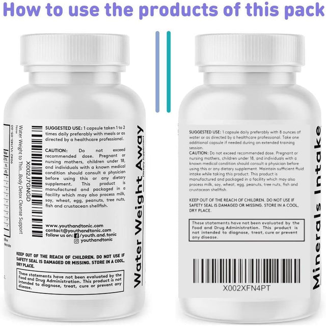 Youth & Tonic Fluid Pills & Mineral Electrolyte Support as Natural Diuretic Supplement for Swelling Water Retention & Temporary Water Weight Gain for Women & Men – 60 + 60 Capsules