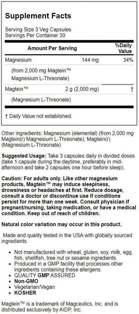 NOW Supplements, Magtein™ with Patented Form of Magnesium (Mg), Cognitive Support*, 90 Veg Capsules