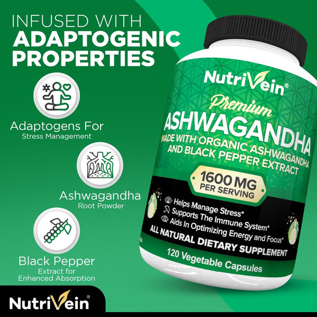 Nutrivein Organic Ashwagandha Capsules 1600Mg - 120 Vegan Pills - for Stress and Anxiety Relief - Herbal Supplements