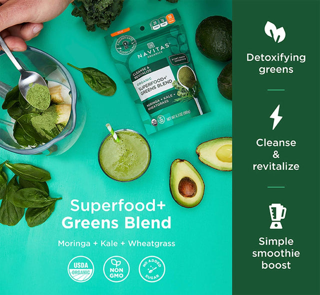 Navitas Organics Superfood+ Greens Blend for Detox Support (Moringa + Kale + Wheatgrass), 6.3Oz Bag, 30 Servings — Organic, Non-Gmo, Vegan, Gluten-Free, Keto & Paleo.