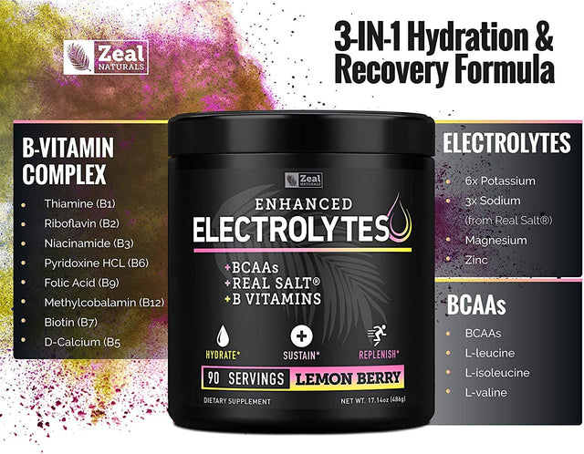 Electrolyte Powder Recovery Drink (90 Servings | Lemon Berry) W Real Salt +Bcaas +B-Vitamins Sugar Free Electrolyte Supplement W Potassium Zinc & Magnesium for Hydration - Keto Electrolytes