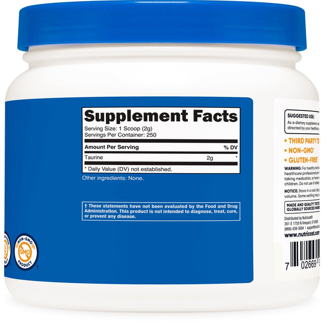 Nutricost Taurine Supplement Powder 500 Grams, 250 Servings