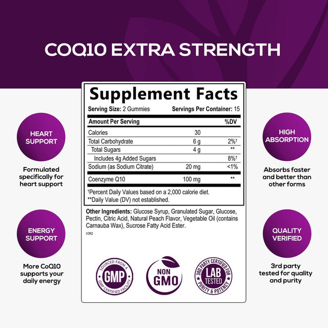 Nature'S Coq10 100Mg Gummies, 3X Better Absorption, Antioxidant for Heart Health Support & Energy Production, Ultra Coenzyme Q10 Vitamins, Coq 10 Supplements, Dietary Supplement, Non-Gmo - 30 Gummies