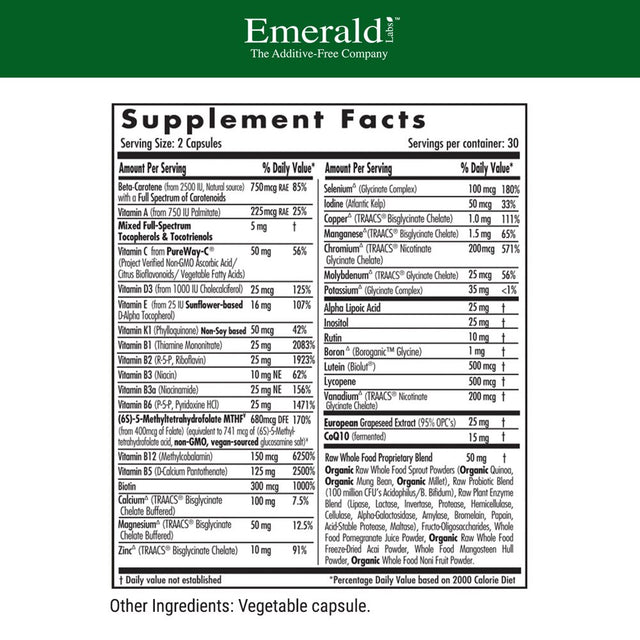 Emerald Labs Complete 2-Daily Multi - Multivitamin with Coenzyme Q10, Vitamins, Minerals and Herbs - 60 Vegetable Capsules