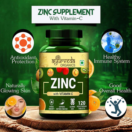 Ayurveda Organics Zinc with Vitamin C and Alfalfa Powder Supplement | Immunity Booster, Antioxidant, Skin Support for Women & Men | Enhances Energy, Stamina & Immunity -