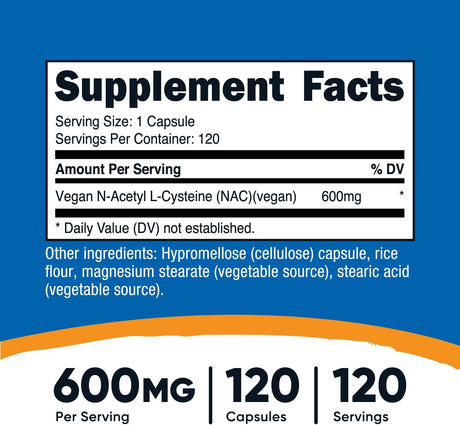 Nutricost N-Acetyl L-Cysteine (NAC) 600Mg, 120 Vegetarian Capsules - Non-Gmo, Gluten Free, Vegetarian Caps