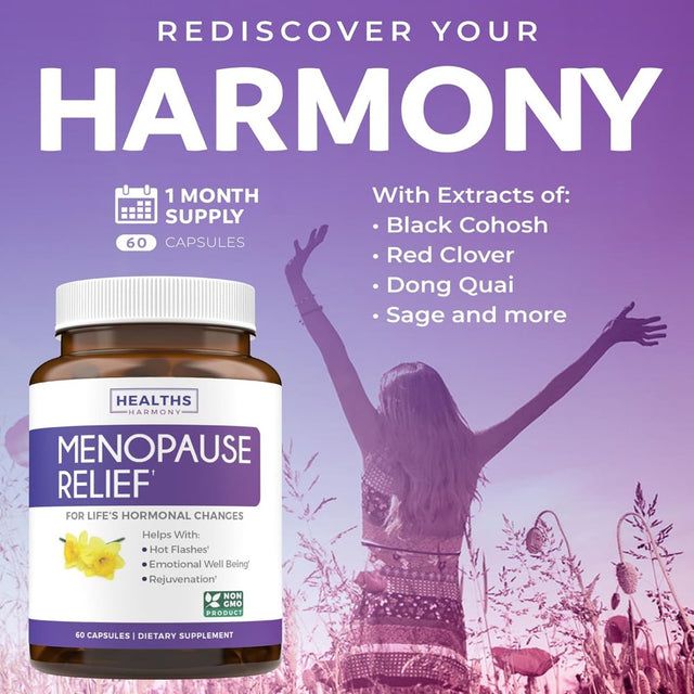 Healths Harmony Menopause Relief (NON-GMO) Helps Reduce Menopausal, Perimenopause Symptoms - Hot Flashes, Night Sweats - Female Hormonal Support Supplement for Hormone Balance - 60 Capsules