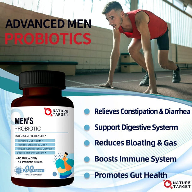 NATURE TARGET Probiotics for Men with Men Care Supplement, Prebiotics & Probiotic for Men'S Digestive and Immune Health,60 Billion Cfus & 14 Strains Shelf Stable, Gluten & Soy Free (90 Tablets)