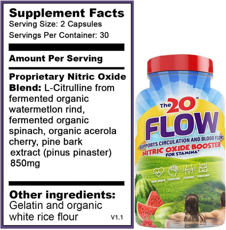 Flow - Nitric Oxide Supplement - 60 Capsules - L-Citrulline from Organic Watermelon, Organic Spinach, and Organic Acerola Cherries - for Heart, Brain, and Overall Health - No Gluten