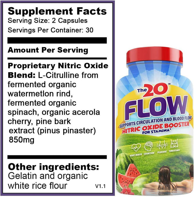 Flow - Nitric Oxide Supplement - 60 Capsules - L-Citrulline from Organic Watermelon, Organic Spinach, and Organic Acerola Cherries - for Heart, Brain, and Overall Health - No Gluten