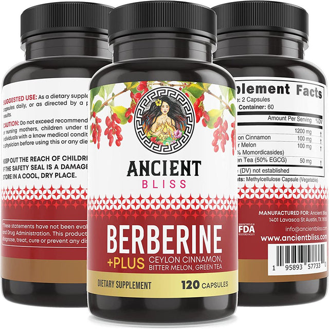 Ancient Bliss Berberine HCL 1200Mg with Ceylon Cinnamon, Bitter Melon, Green Tea Extract - 120 Capsules - Supports Immune System & Metabolism