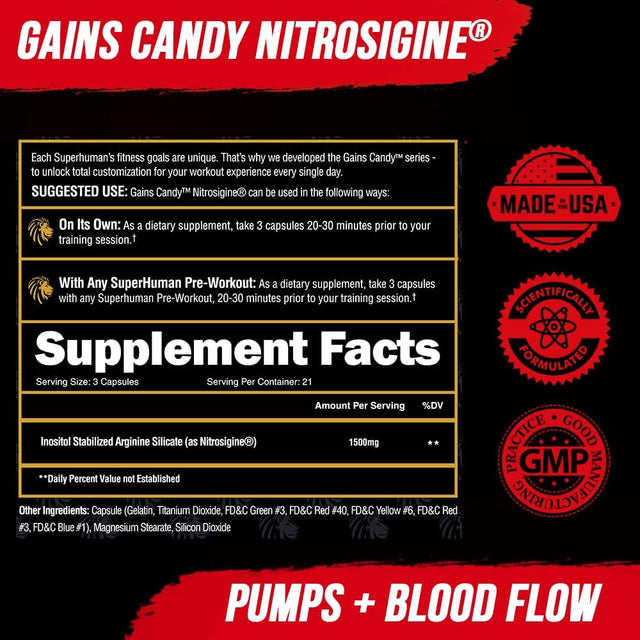 ALPHA LION Gains Candy, Supplement Pills for Muscle Pump & Blood Flow, Nitric Oxide Booster, Supports Mental Focus, Use Daily to Upgrade Workout Performance, 63 Capsules (Nitrosigine)