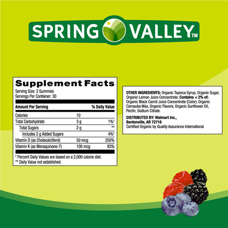 Spring Valley Non GMO K2 and D3 Vegetarian Gummies, Mixed Berry, 50 Mcg (2000 IU), 60 Count