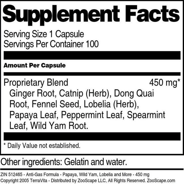 Terravita Anti-Gas Formula - Papaya, Wild Yam, Lobelia and More - 450 Mg, (100 Capsules, 1-Pack, Zin: 512465)