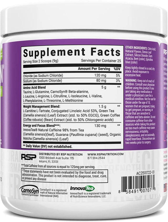 RSP Aminolean - All-In-One Natural Pre Workout, Amino Energy, Weight Management - Vegan Bcaas, Preworkout for Men & Women, Acai, 25 Serv