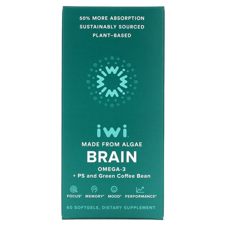 Iwi Brain Booster - Vegan Algae Omega 3 + PS & Green Coffee Bean Extract, EPA, DHA - 30 Day Supply