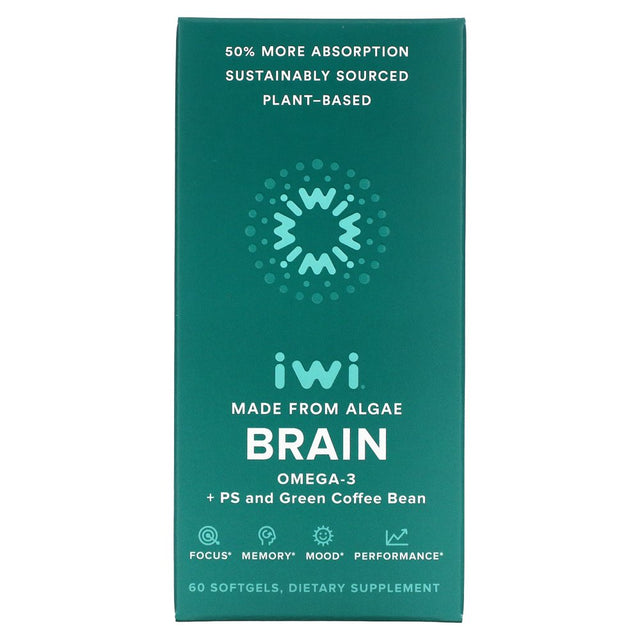 Iwi Brain Booster - Vegan Algae Omega 3 + PS & Green Coffee Bean Extract, EPA, DHA - 30 Day Supply