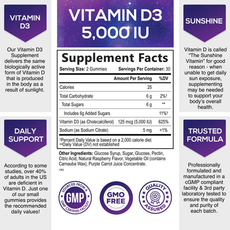 Vitamin D3 Gummy Vitamins Extra Strength 5000 IU (125 Mcg) High Potency Vita D Gummies Dietary Supplement - Bone, Teeth, Muscle & Immune Support, Nature'S Vitamin D Supplement, Non-Gmo - 60 Gummies