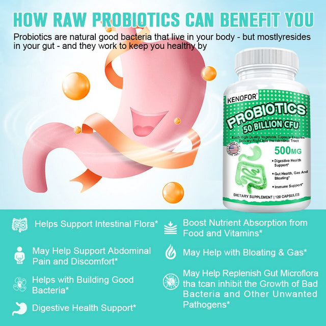 KENOFOR Probiotic 50 Billion for Women and Men, with Lactobacillus Acidophilus, for Digestive, Colon and Immune Support, Daily Gas Relief, Dairy-Free