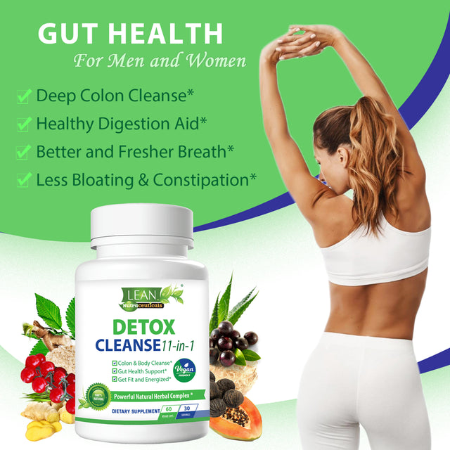 Detox Cleanse, 11-In-1 Vegan Full Body Cleaner, Super Colon Cleanse Gut Health Support with Psyllium Husk Powder Aloe Ginger Root Fiber Supplement, 30 Day Toxin Rid off Pills for Men Women 60 Capsules