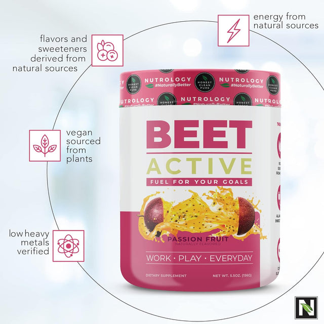 Beet Active - All-Natural Pre-Workout - Beet Root for Antioxidants and Stronger Nitric Oxide Levels - Yerba Mate for Energy and Focus with Vitamin C and Electrolytes, Gluten Free - Passion Fruit