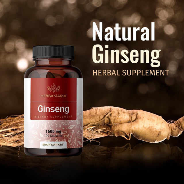 HERBAMAMA Red Ginseng Capsules - Korean Panax Extract - Energy & Brain Support, 100 Capsules