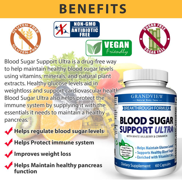 Blood Sugar Support Ultra - Helps Normalize Blood Sugar Levels Cardiovascular Health Promotes Healthy Pancreatic Function Aids in Weight Loss Protects Immune System