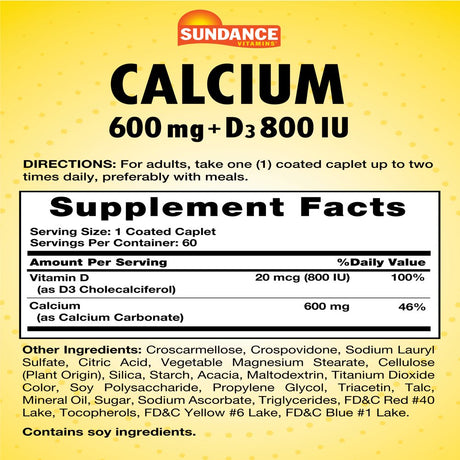 Sundance Vitamins Calcium + D3 Bone Health Caplets, 60 Count