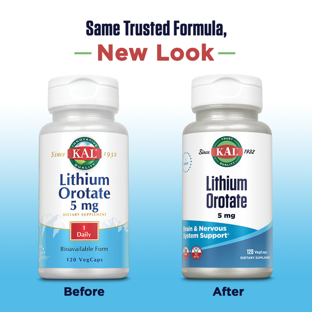 KAL Lithium Orotate 5Mg | Low Serving of Chelated Lithium Orotate for Bioavailability & Mood Support | in Organic Rice Bran Extract Base | 120 Vegcaps