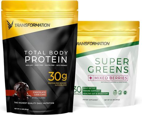 Transformation Chocolate Premium Protein Powder + Super Greens Immune Boosting Combo Pack- Energy, Gut Health, Detox & Diet Support- 30G Multi-Protein Superblend & 1 Full Serving Vitamins & Vegetables