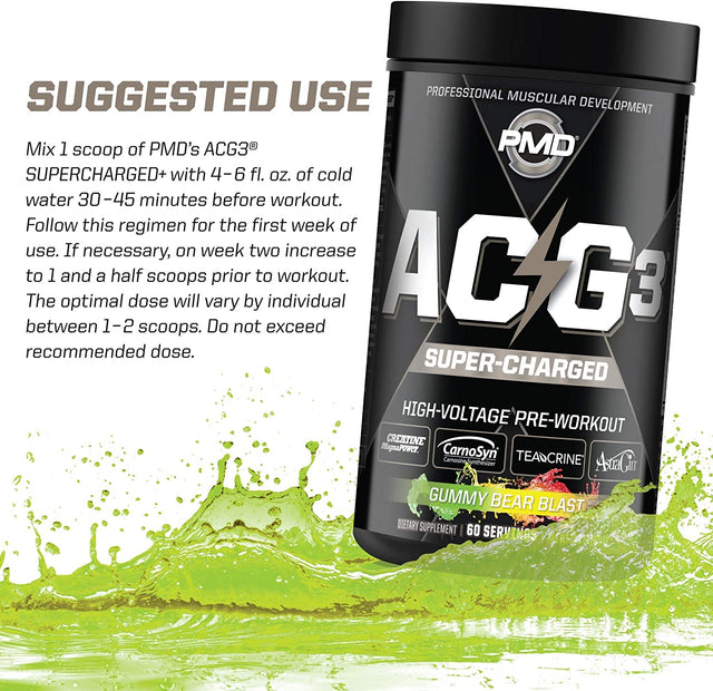 PMD Sports ACG3 Supercharged - Pre Workout - Powerful Strength, High Energy, Maximize Mental Focus, Endurance and Optimum Workout Performance for Men and Women - Gummy Bear Blast (60 Servings)