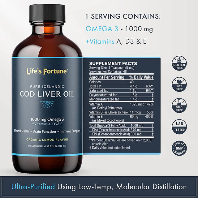 Life'S Fortune Cod Liver Oil Liquid Organic Lemon Flavor (8 Oz) 1,000 Mg Omega + Vitamin A, E & D3 - Supports Immune Health - 100% Fish Oil Supplement from Wild Ocean Cod-Gmo Free