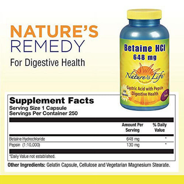 Nature'S Life Betaine HCL Supplement | Digestion Support Formula | Non-Gmo | 648 Mg 100 Gelatin Caps