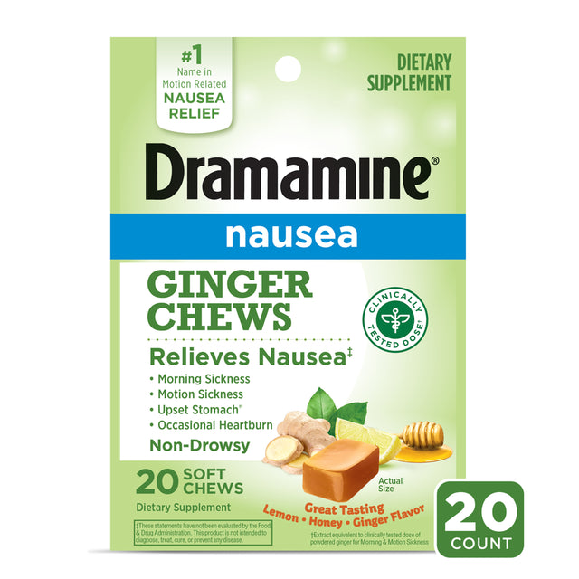 Dramamine Ginger Chews, Nausea Relief Soft Chews Lemon-Honey-Ginger, 20 Count