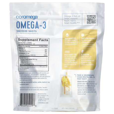 Coromega Omega-3 + Vitamin D Squeeze Packets, 120 Ct