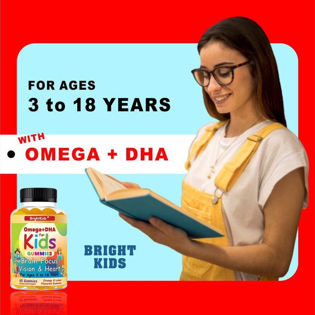 Brightkids Brain Focus, Vision & Heart Health Formula, Omega 3 Gummies +DHA, Support Focus Attention Memory Cognition Focus Formula for Kids 60 Gummies