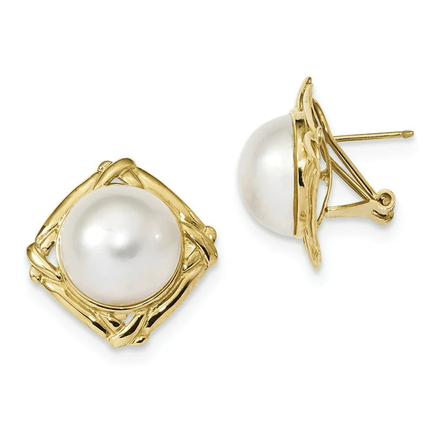 14K 13-14Mm White Mabe Freshwater Cultured Pearl Omega Back Earrings XMP100 (6.56 Grams|13 to 14MM X 13 to 14MM)