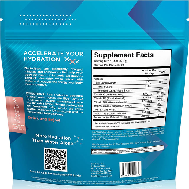 Hydromate Electrolytes Powder Packets Drink Mix Low Sugar Hydration Accelerator Fast Party Recovery with Vitamin C Peach Iced Tea 30 Sticks