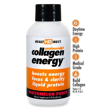 High-Energy Liquid Collagen | Aminosculpt Collagen Energy |12-2 Fl Oz Shots| Watermelon Punch | Supports Focus and Clarity | Boosts Daytime Energy | Better for Hair, Skin and Nails