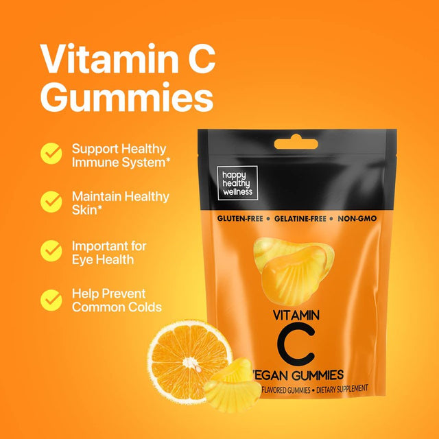 Happy Healthy Wellness Vitamin C Gummies - Dietary Supplement for Immune Support - Gluten Free, Gelatin Free & Non-Gmo - Orange Flavored (30 Count)