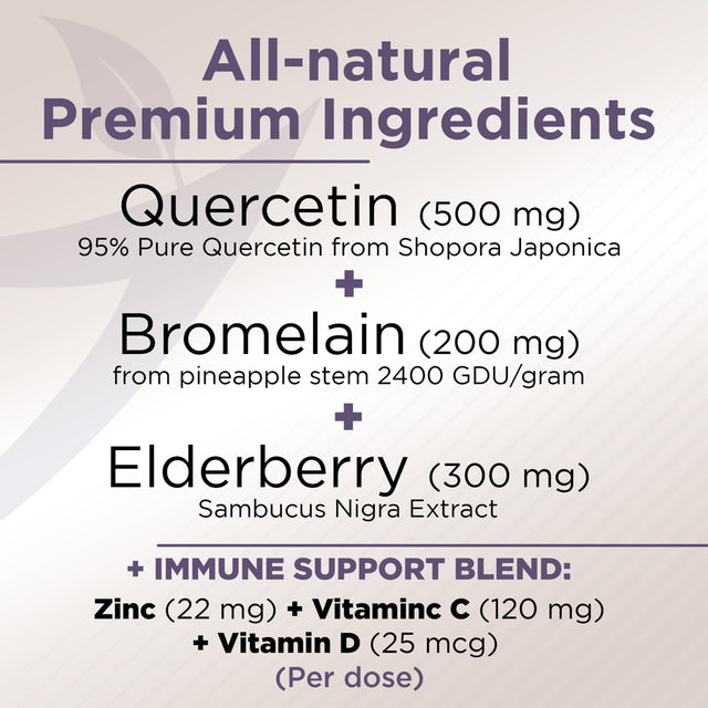 Quercetin with Vitamin C and Zinc - Elderberry - Quercetin 500Mg - Quercetin with Bromelain - Zinc Quercetin - Vitamin D3 - 6 in 1 Daily Immune Support, Non-Gmo, Gluten-Free - USA - 4 Months Supply