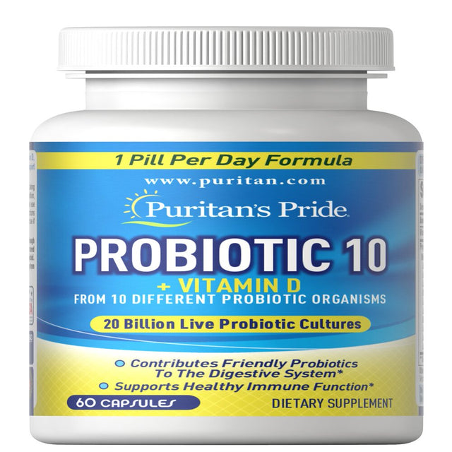 Puritans Pride Rapid Release Probiotic 10 Capsules with 1000 UI Vitamin D, 60 Count