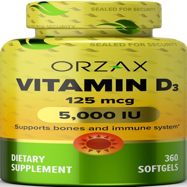 ORZAX Vitamin D3 5000 Iu, 360 Days Supply, 125 Mcg Vitamin D3 Mini Softgel, 360 Count