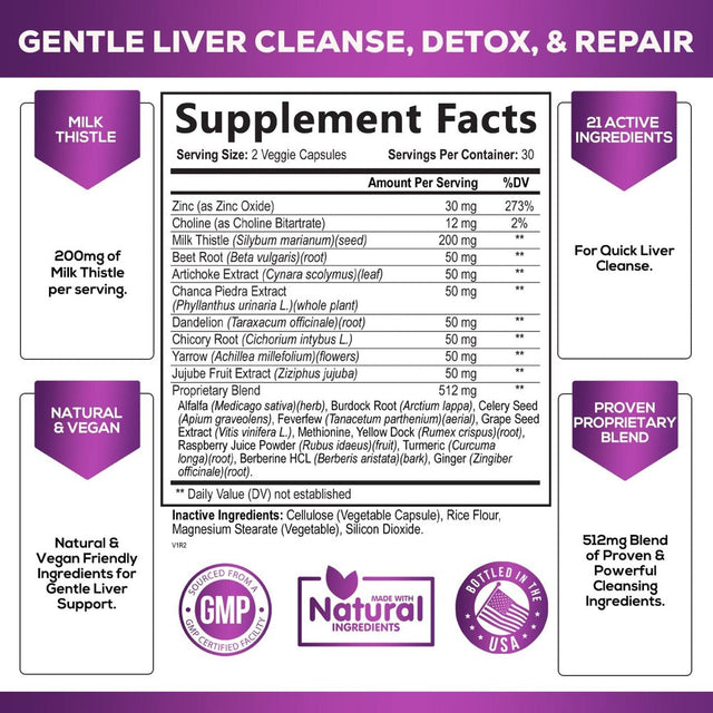 Gentle Liver Cleanse Detox & Repair Formula - Herbal Liver Support Supplement: Milk Thistle with Silymarin, Artichoke Extract, Dandelion, Beet, Chicory Root, & Turmeric for Liver Health - 60 Capsules