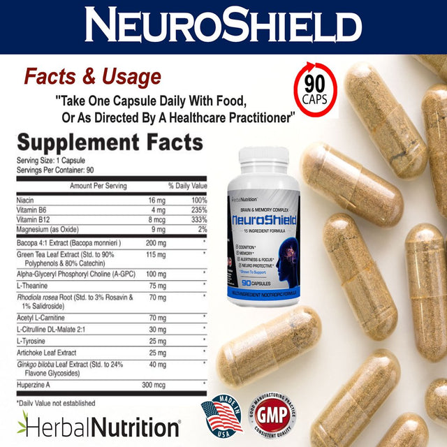 Neuroshield Advanced Memory Formula, Brian Boosting Ingredients, Bacopa, Huperzine-A & More Three Bottles