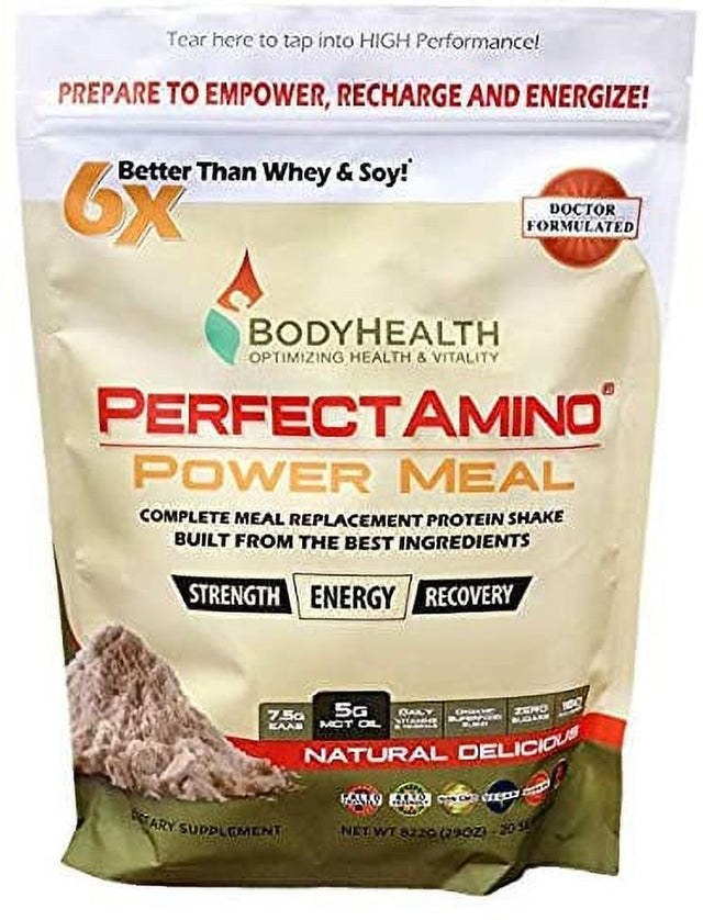 Bodyhealth Perfectamino Complete Power Meal Replacement Shake (Natural Flavor, Pouch, 20 Servings), Organic Protein Powder Drink W/Mct Oil, Probiotics, Vegan, High Nutrition, for Weight Loss Diet